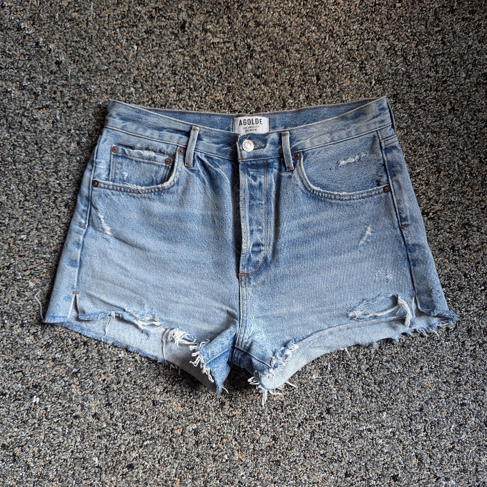 Agolde Blue Jean Shorts with Distressed Detailing
